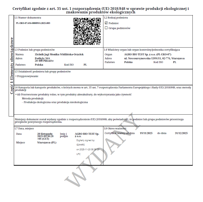 certyfikat Zielnik Jagi PL-EKO-07.616-0000944.2025.003